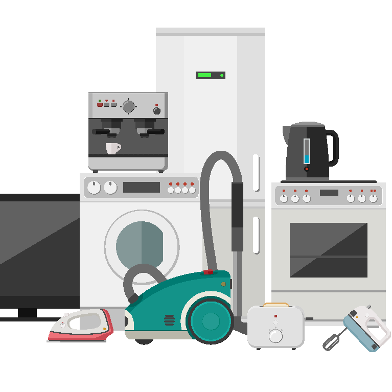 A mix of appliances including a TV, iron, vacuum cleaner, toaster, electric whisk, oven, kettle, fridge freezer, coffee machine and washing machine