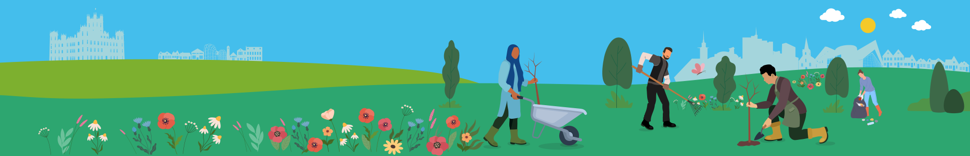 A person using a wheelbarrow, a person using a rake, a person planting a tree and a person collecting rubbish on a green background including flowers, trees and butterflies against a backdrop with Basingstoke and Deane landmarks