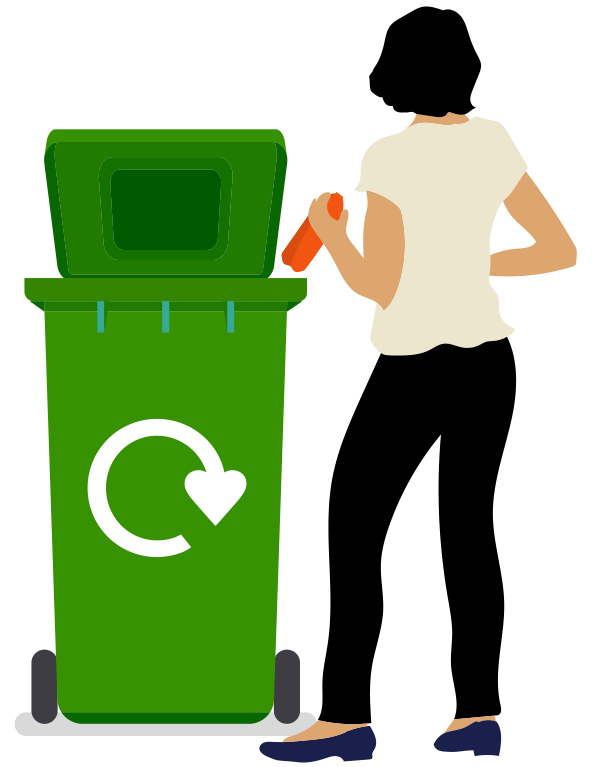 A person placing a plastic bottle into a recycling bin with a recycling arrow symbol on it