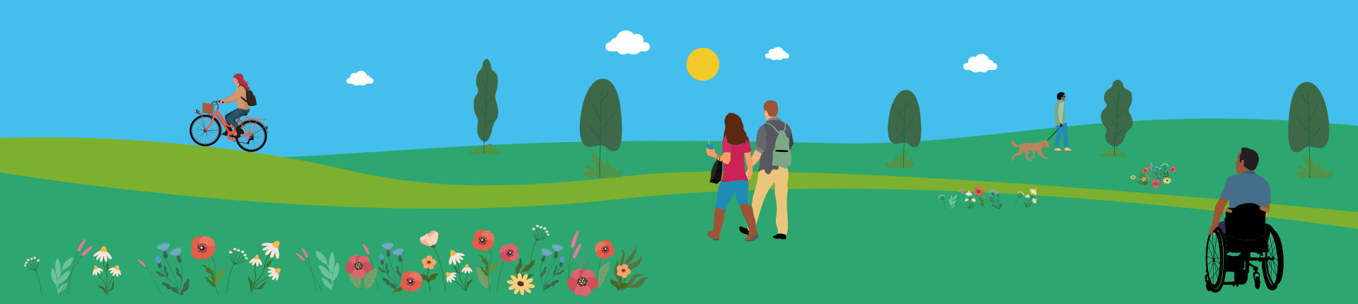 A couple walking, a person with a dog and a cyclist against a green backdrop including trees and flowers and a blue sky with a sun and clouds