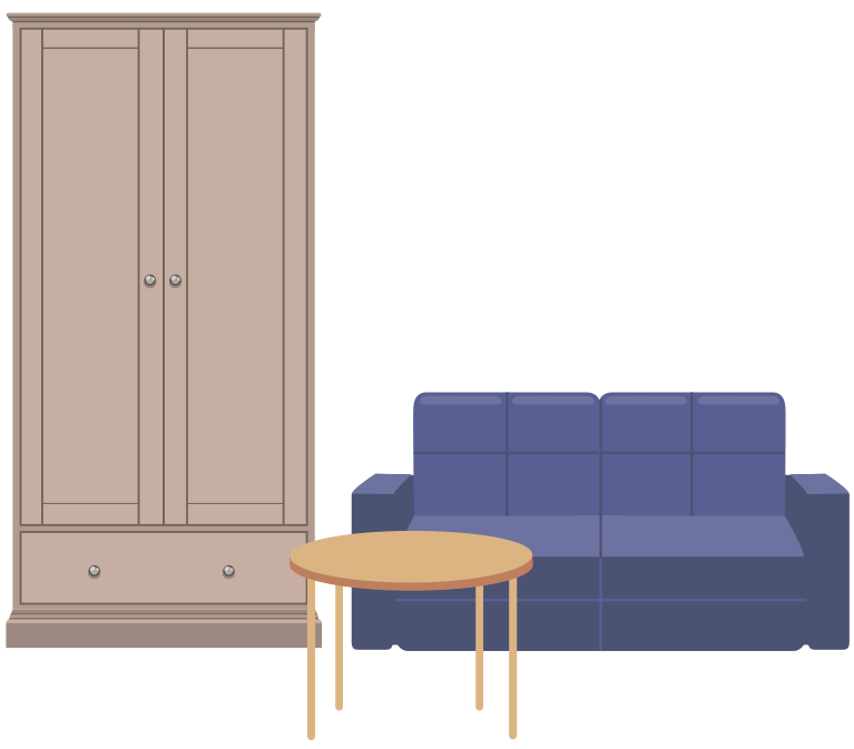 A wardrobe, coffee table and sofa